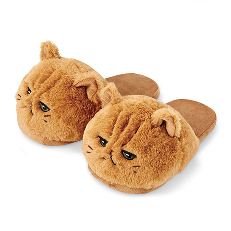 Cute Cartoon Coffee Color Cat Half Pack Slippers Indoor Home Warm Three-dimensional Animal Cat Head Plush Cotton Slippers