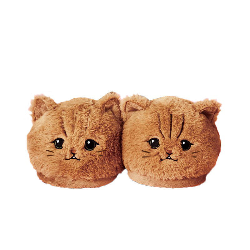 Cute Cartoon Coffee Color Cat Half Pack Slippers Indoor Home Warm Three-dimensional Animal Cat Head Plush Cotton Slippers